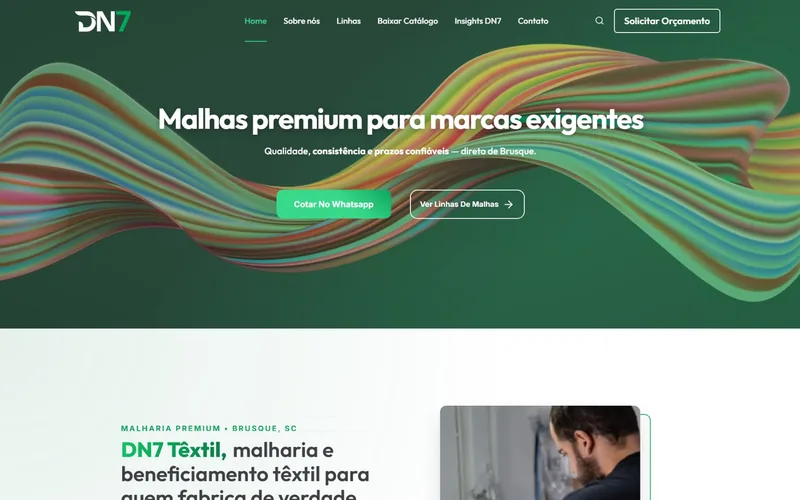Site DN7 Têxtil — malharia premium em Brusque-SC